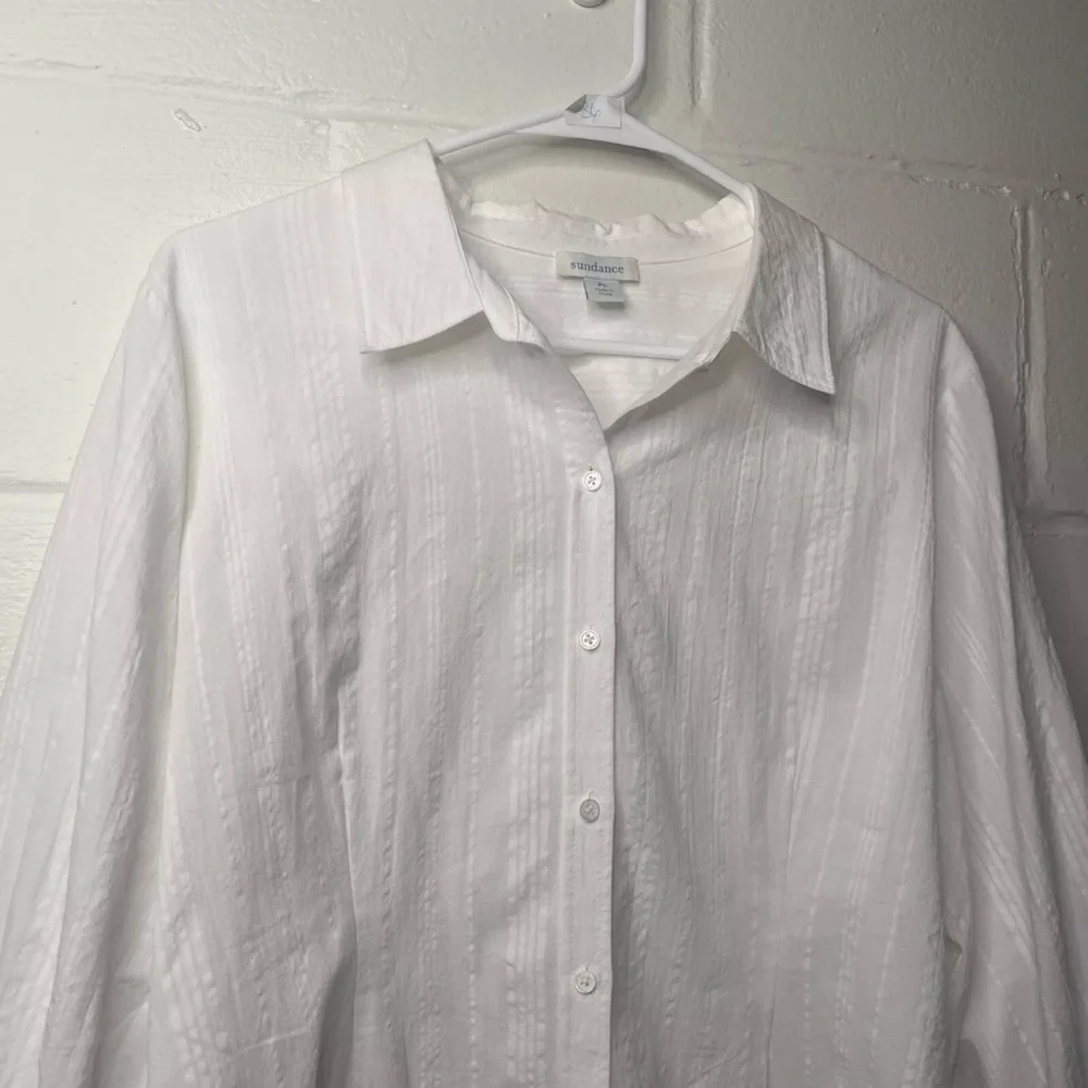 Sundance Size Large Petite White Ribbed Long Sleeve Button Down Shirt - Picture 3 of 12